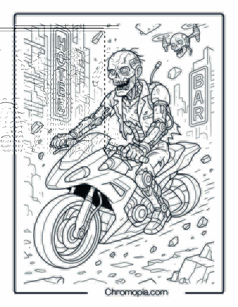 Cybernetic Zombie on a Futuristic Hover Bike Coloring Page