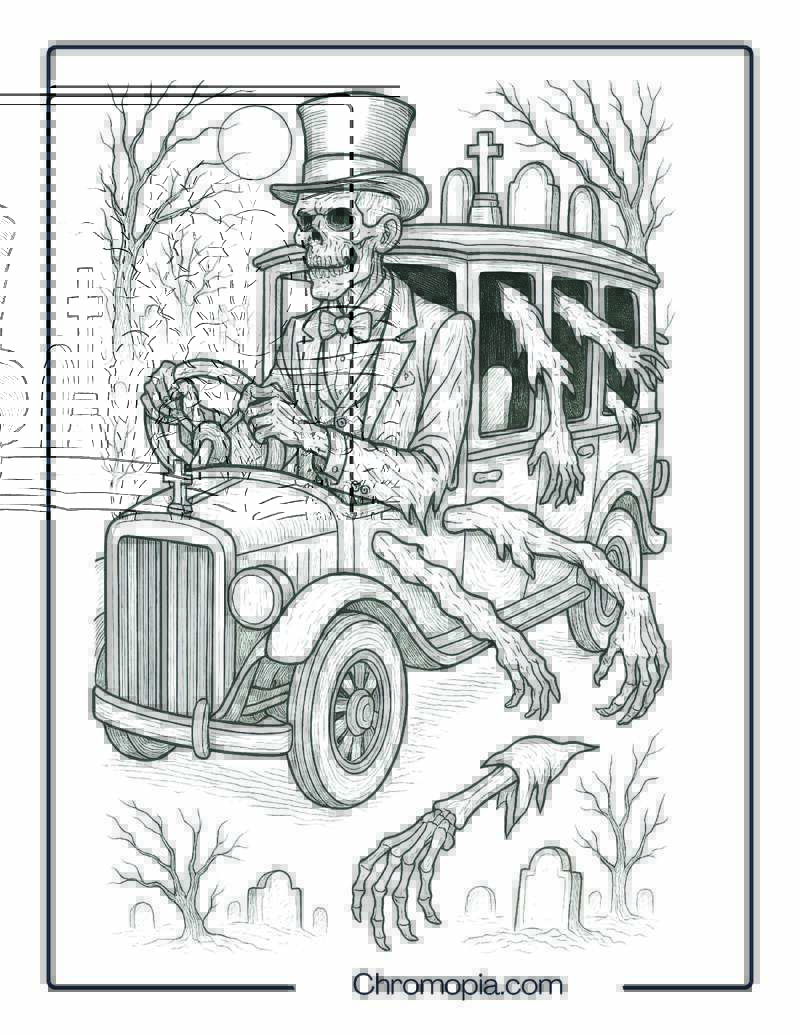 Elegant Zombie in a Hearse Limousine Coloring Page
