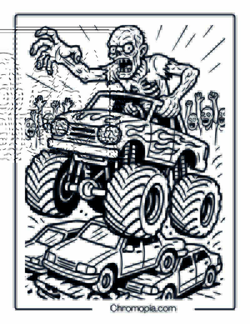 Mutant Zombie Driving a Monster Truck Over Cars Coloring Page