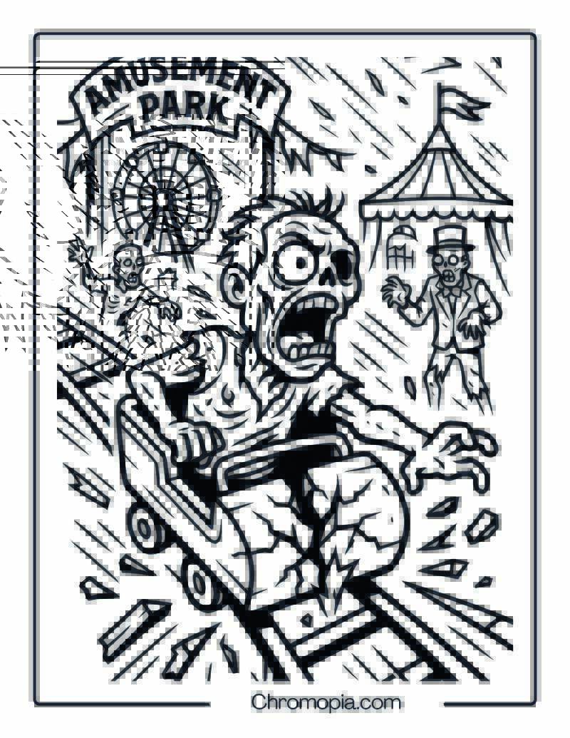 Screaming Zombie in a Broken Roller Coaster Cart Coloring Page