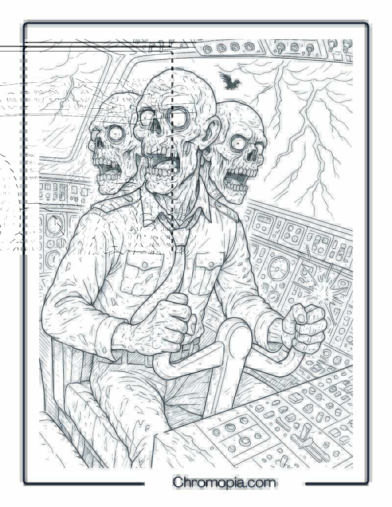 Three-Headed Zombie Piloting a Crashing Airplane Coloring Page