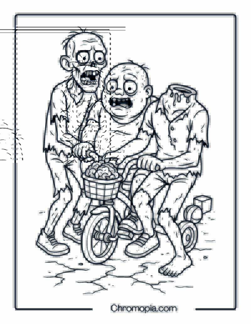 Three Zombies Pedaling a Broken Tricycle Together Coloring Page