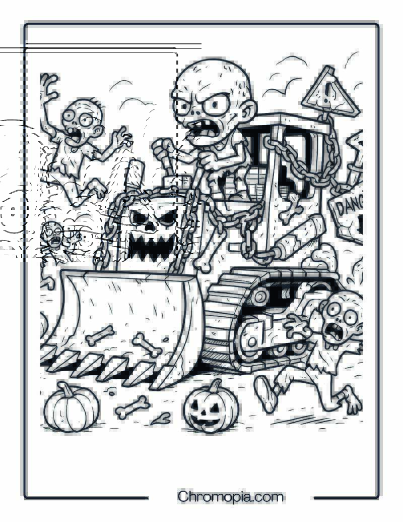 Tiny Zombie Driving a Giant Bulldozer Coloring Page