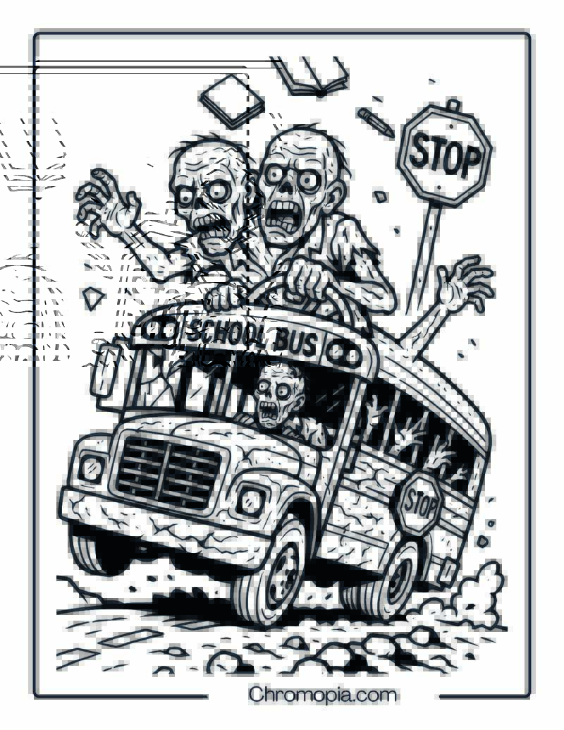 Two-Headed Zombie Driving a Crashed School Bus Coloring Page