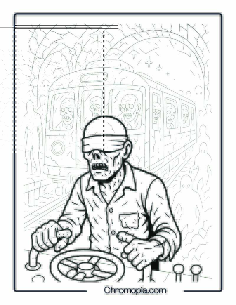 Underground Tunnel Train Driven by Blind Zombie Coloring Page