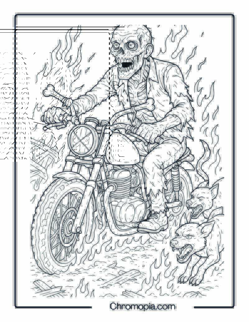 Zombie Riding a Rusty Motorcycle Through Fire Coloring Page