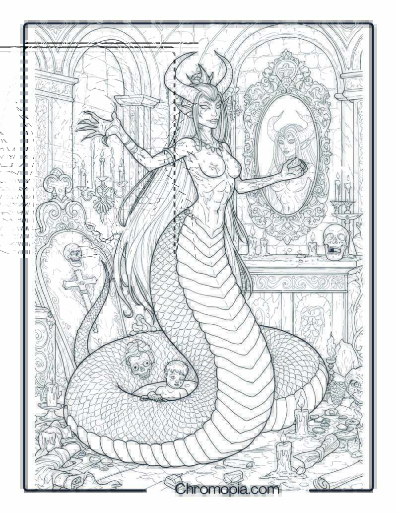 Lamia Coloring Page – Devourer Beneath the Crypt