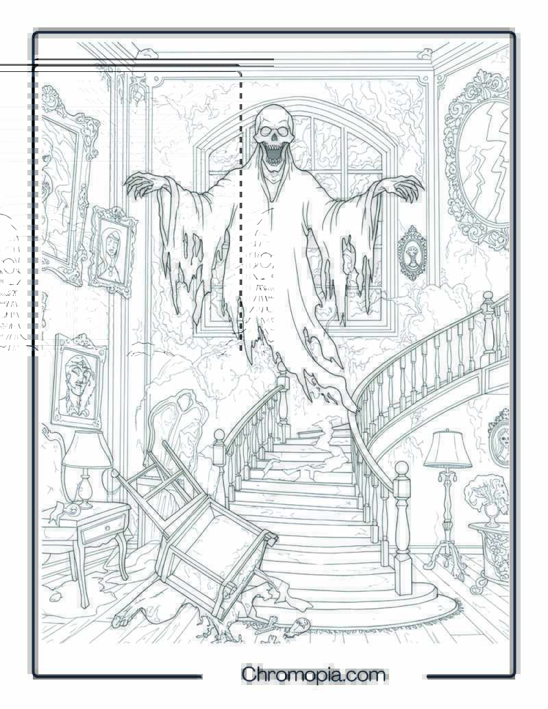 Ghost Haunting Monster Coloring Page – Poltergeist in the Manor