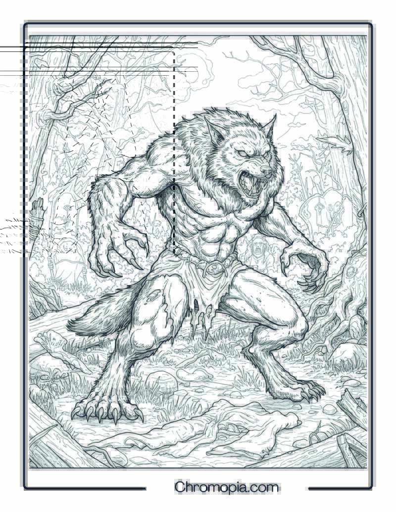 Werewolf Forest Hunt Monster Coloring Page – Midnight Lycanthrope Ambush
