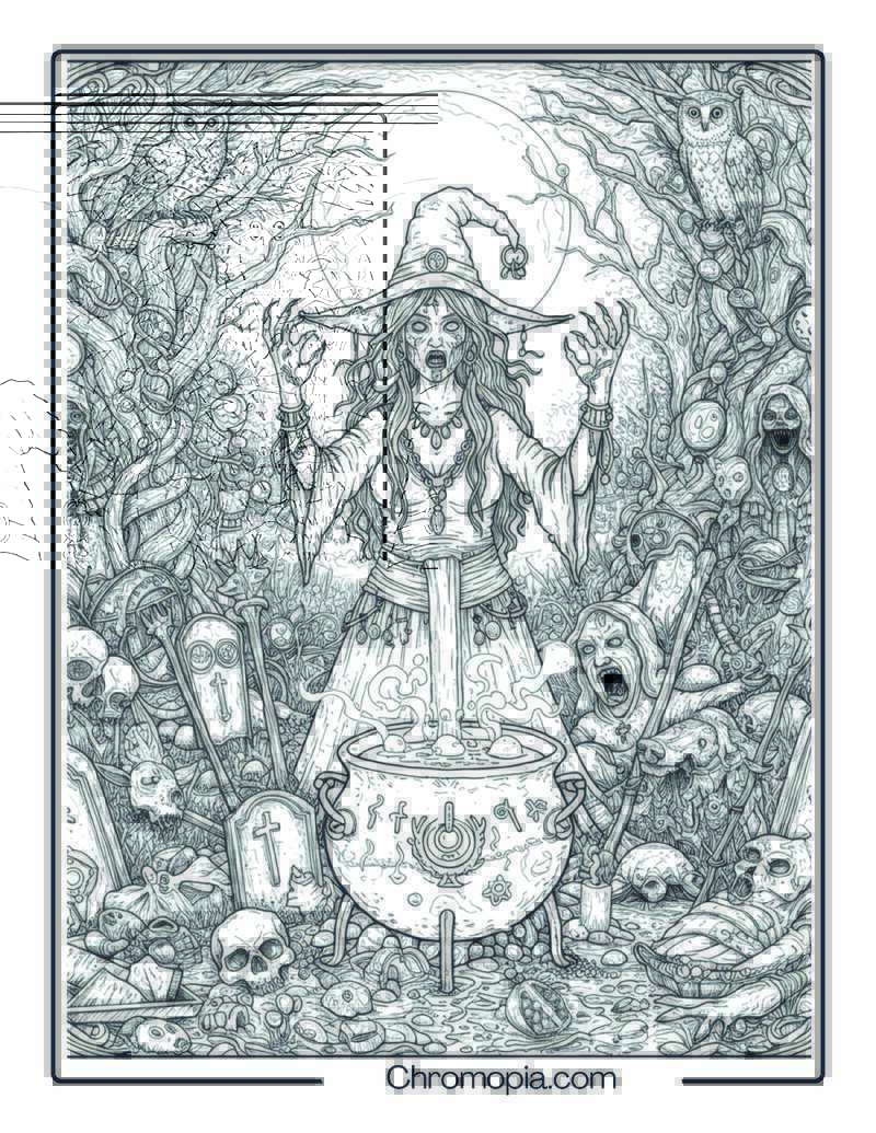 Witch’s Coven Monster Coloring Page – Ritual in the Woods