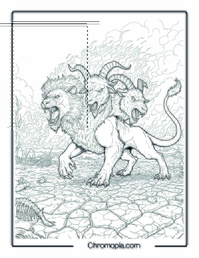 Chimera Monster Coloring Page – Inferno of the Three-Headed Horror
