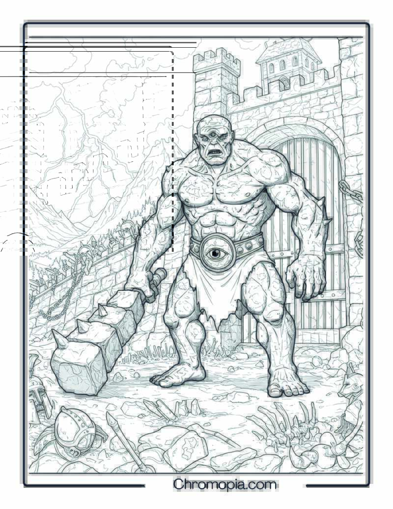 Cyclops Monster Coloring Page – Titan’s Mountain Fortress