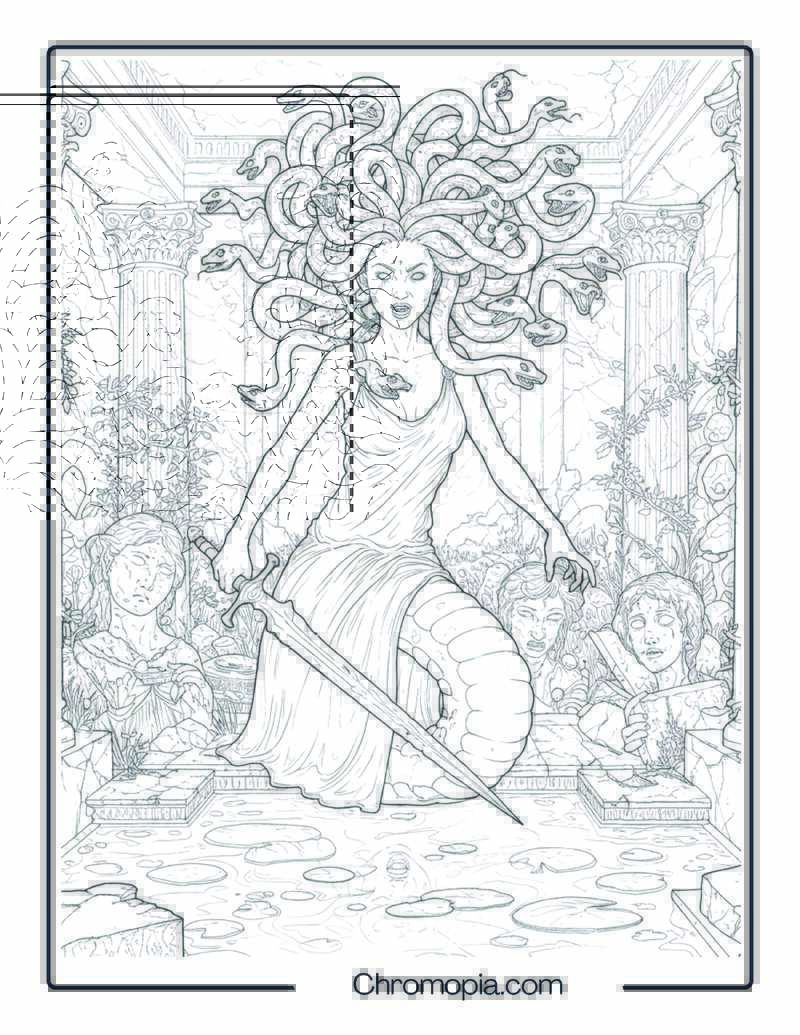Medusa Monster Coloring Page – Gorgon’s Lair of Stone