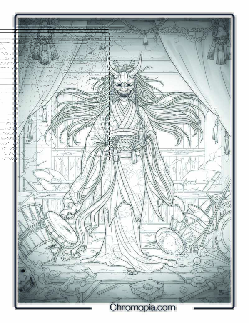 Hannya Mask Spirit Coloring Sheet – Vengeance Behind the Mask