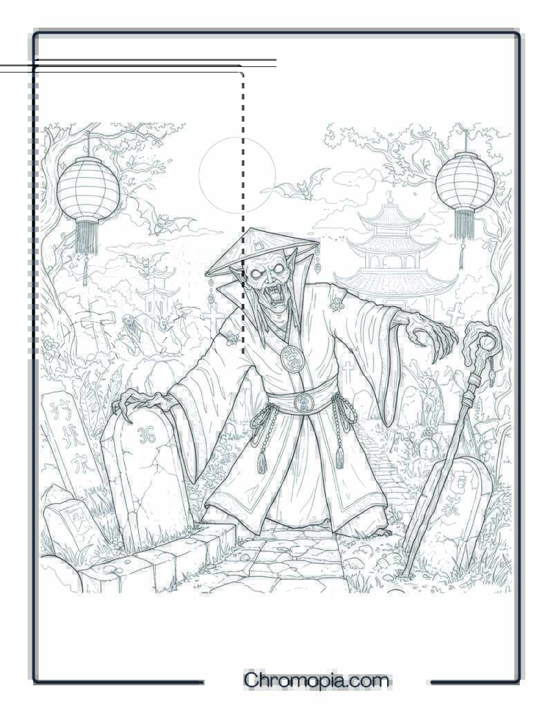 Jiangshi Vampire Monster Coloring Page – Midnight Hop of the Undead