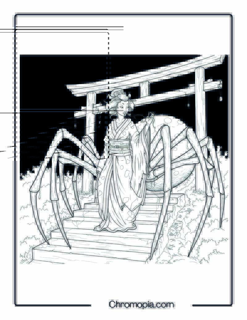 Jorōgumo Spider Woman Coloring Page – Silk of the Forgotten Shrine