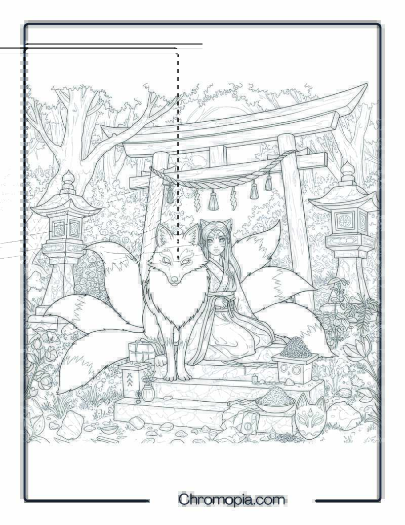 Kitsune Spirit Coloring Sheet – Fox Trickster in the Moonlight