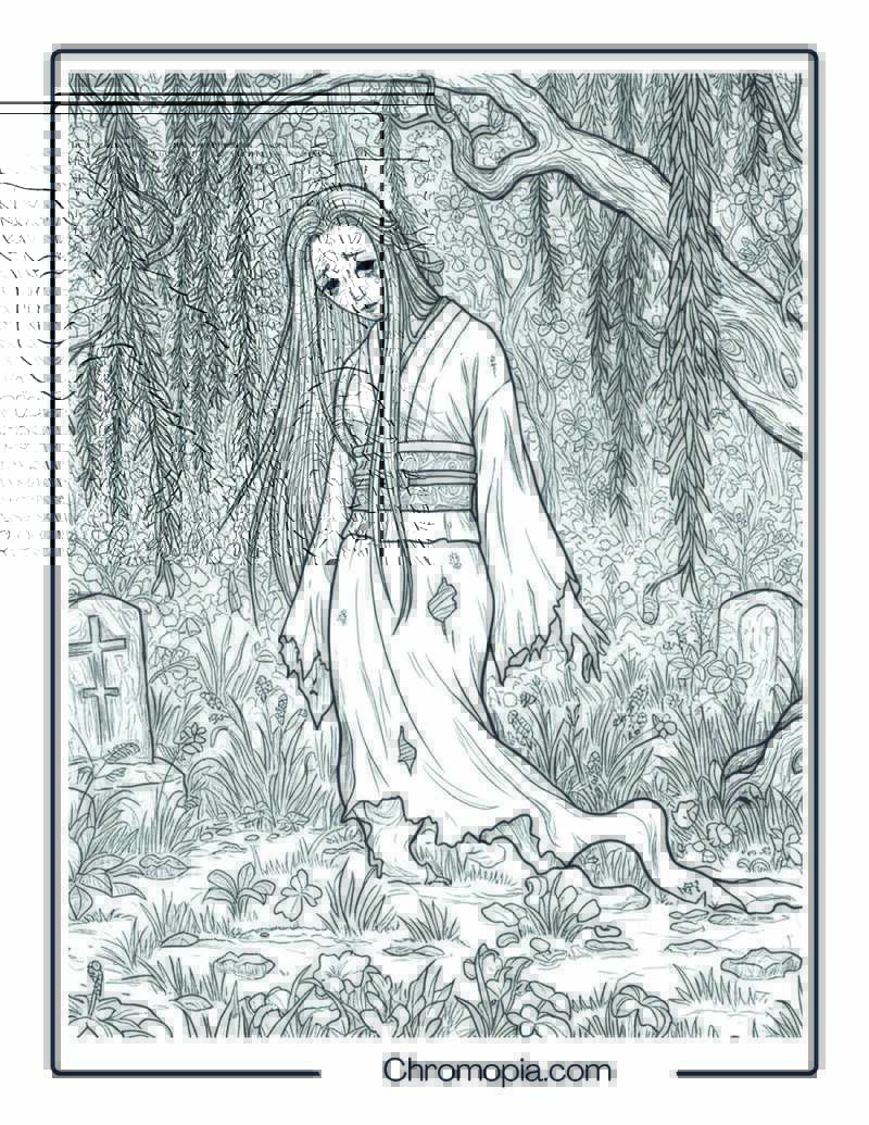 Yūrei Ghost Coloring Sheet – Spirit Beneath the Willow