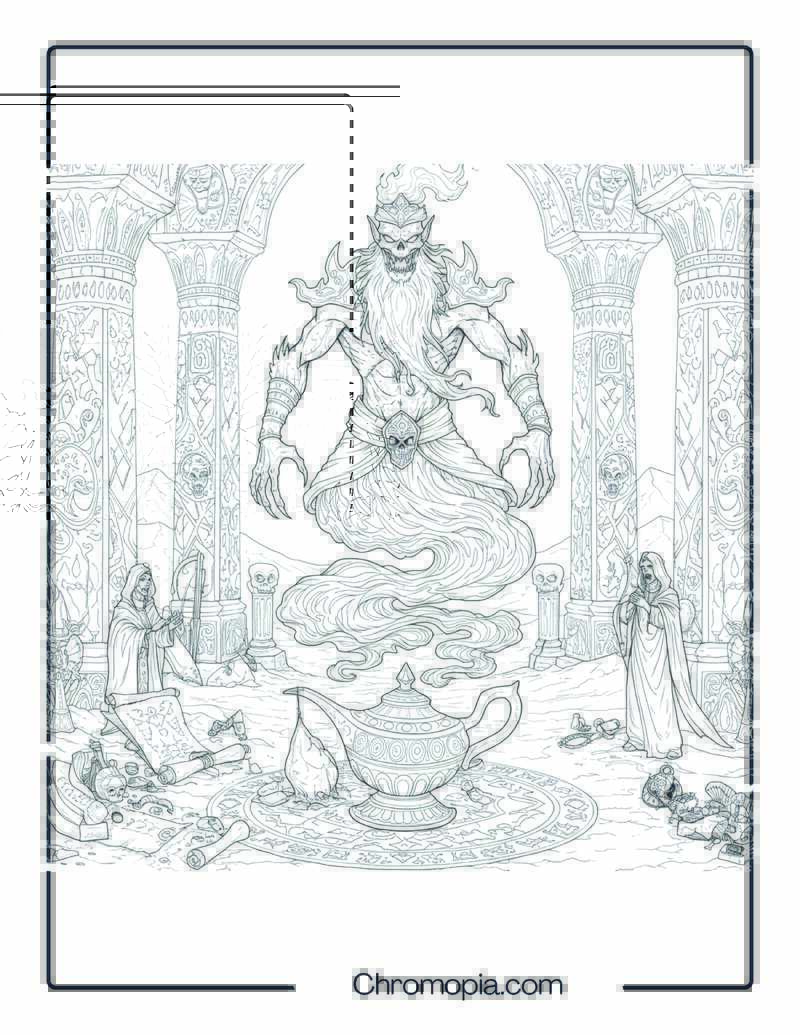 Djinn Horror Coloring Page – Cursed Lamp of the Desert Tomb