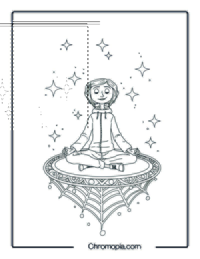 Coraline Doing Yoga on a Floating Spider Web Mandala Mat Coloring Page