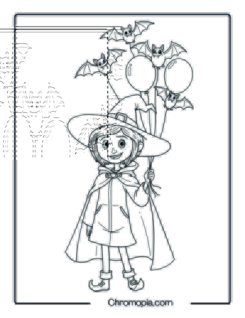 Coraline Dressed as a Witch with Balloon Bats Floating Above Her Coloring Page