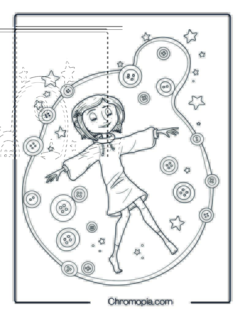Coraline Floating in a Dream Bubble Surrounded by Buttons Coloring Page