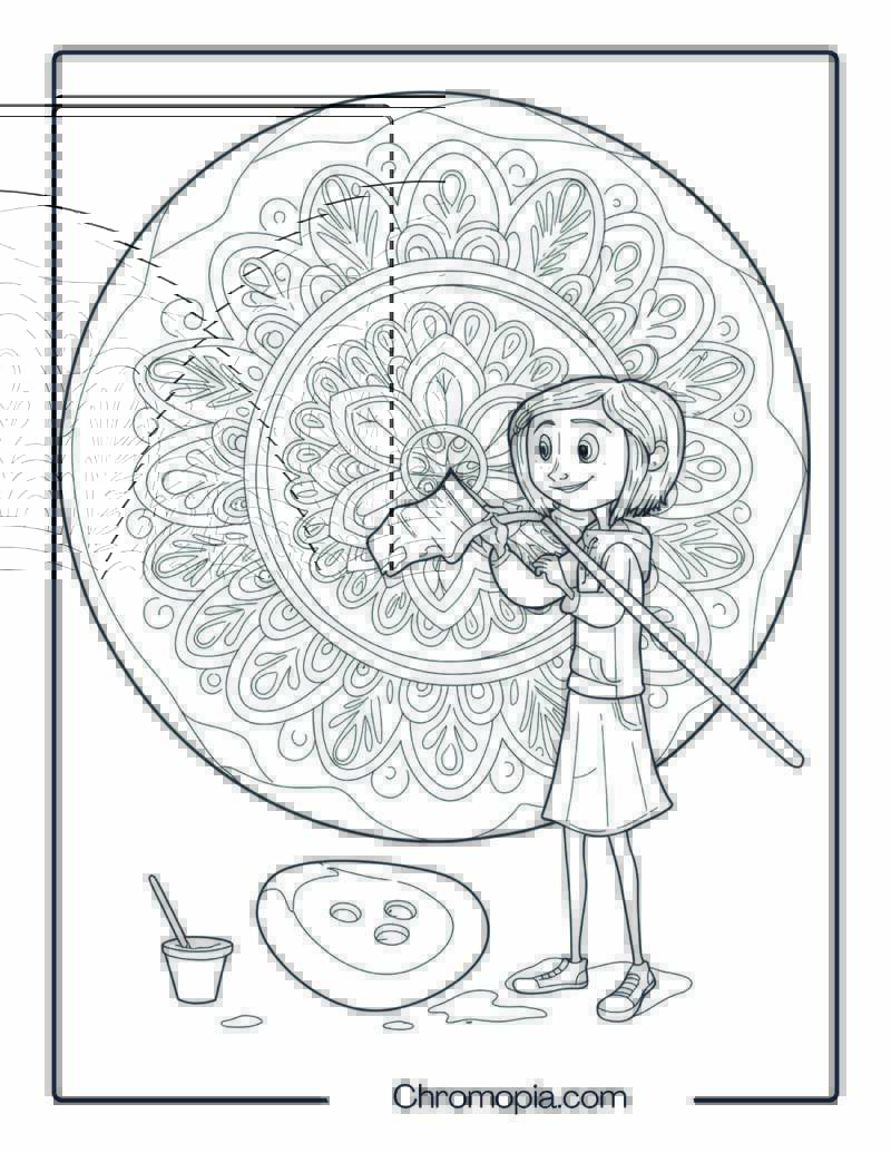Coraline Painting a Mandala Pattern with a Button Paintbrush Coloring Page