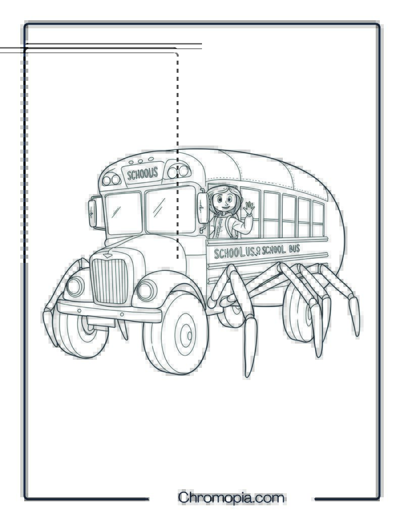 Coraline Riding a Friendly Spider-Shaped School Bus Coloring Page
