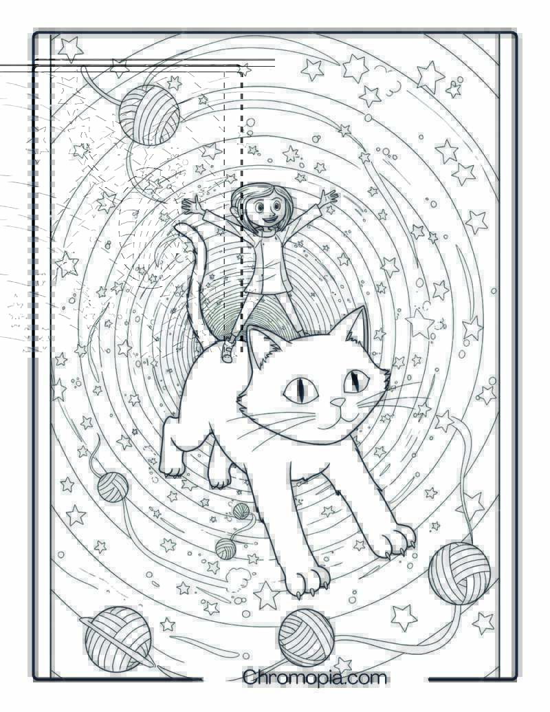 Coraline Riding a Giant Black Cat Through a Star Tunnel Coloring Page