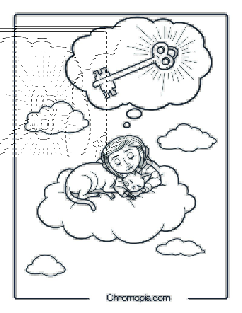 Coraline Sleeping on a Cloud with a Cat Dreaming of a Giant Key Coloring Page