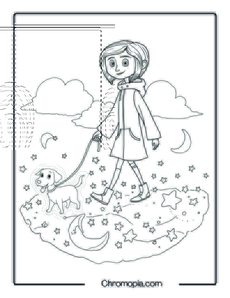 Coraline Walking a Ghost Dog on a Leash Through the Sky Coloring Page