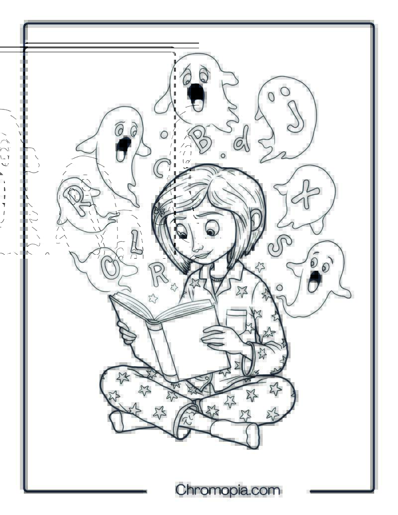 Coraline in Pajamas Reading a Magic Book with Floating Ghost Letters Coloring Page