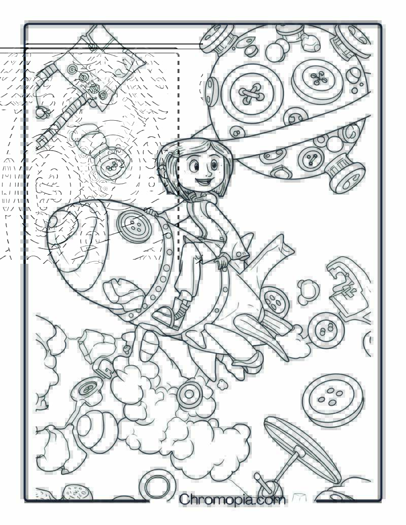 Coraline in a Funky Candy Rocket Vehicle Heading to a Button Planet Coloring Page