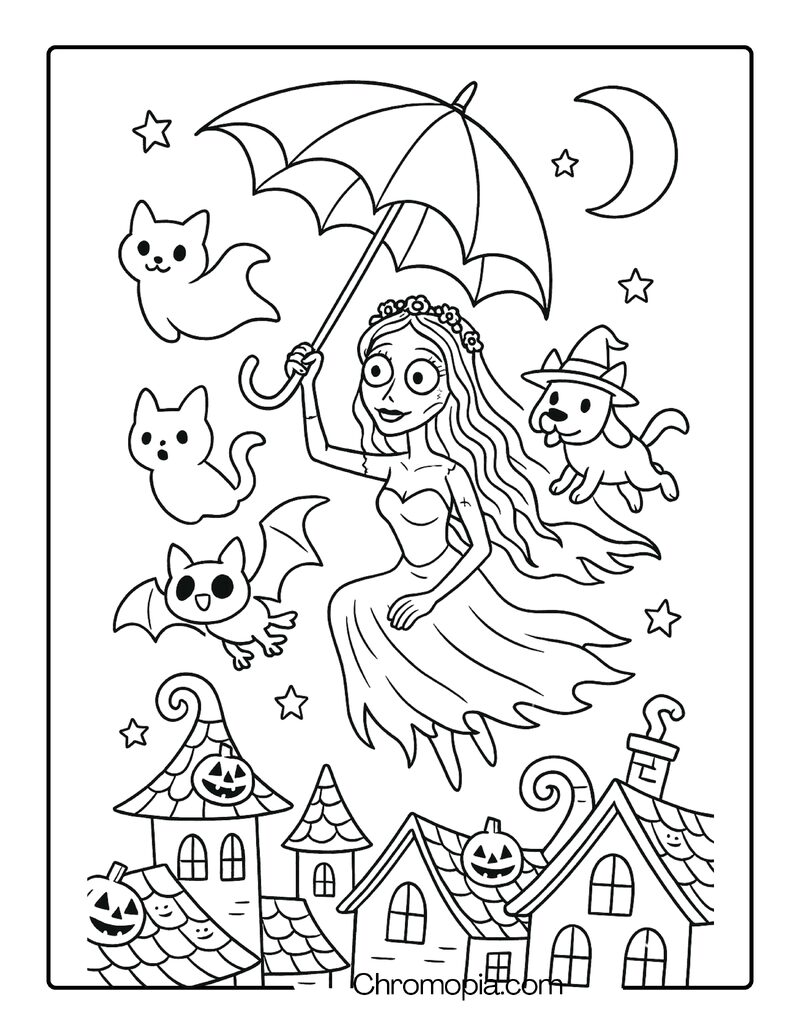 Corpse Bride Flying on a Magic Umbrella with Halloween Pets – Halloween Corpse Bride coloring page