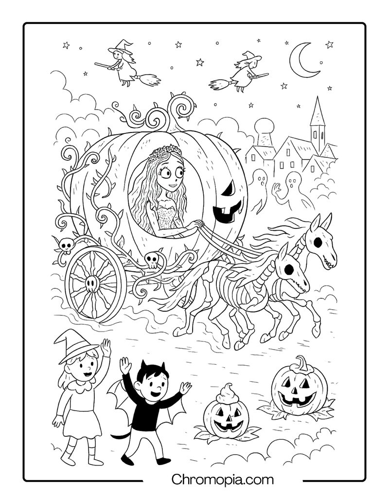 Corpse Bride Riding a Haunted Pumpkin Carriage Pulled by Ghost Horses – Halloween Corpse Bride coloring page