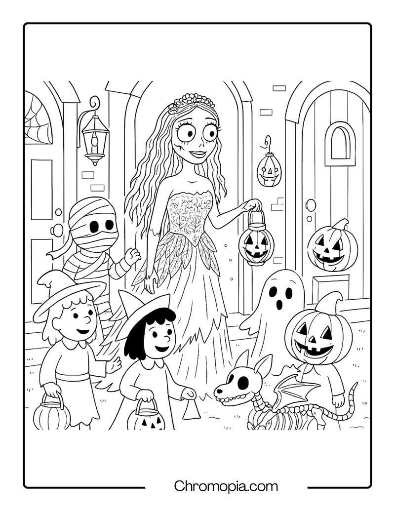 Corpse Bride and Skeleton Dog Trick-or-Treating with Halloween Kids – Halloween Corpse Bride coloring page