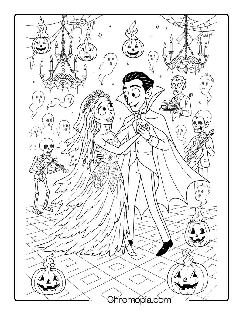 Corpse Bride and Vampire Count Hosting a Haunted Halloween Ball – Halloween Corpse Bride coloring page