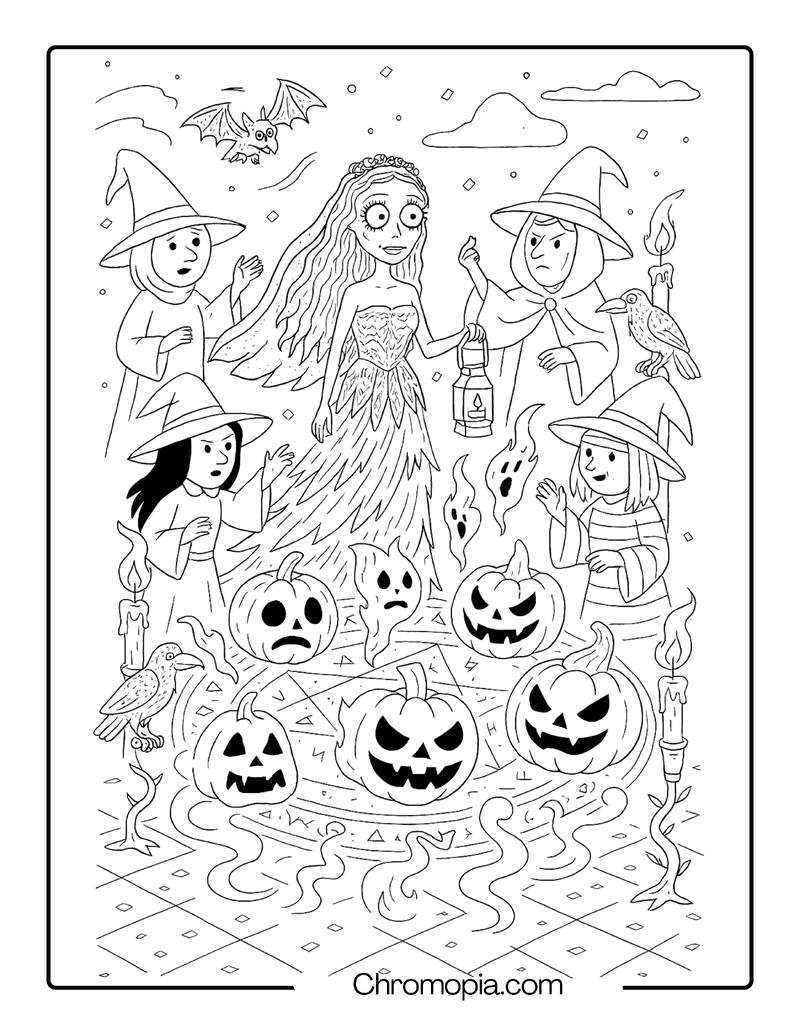Corpse Bride and Witch Coven Summoning Halloween Creatures – Halloween Corpse Bride coloring page