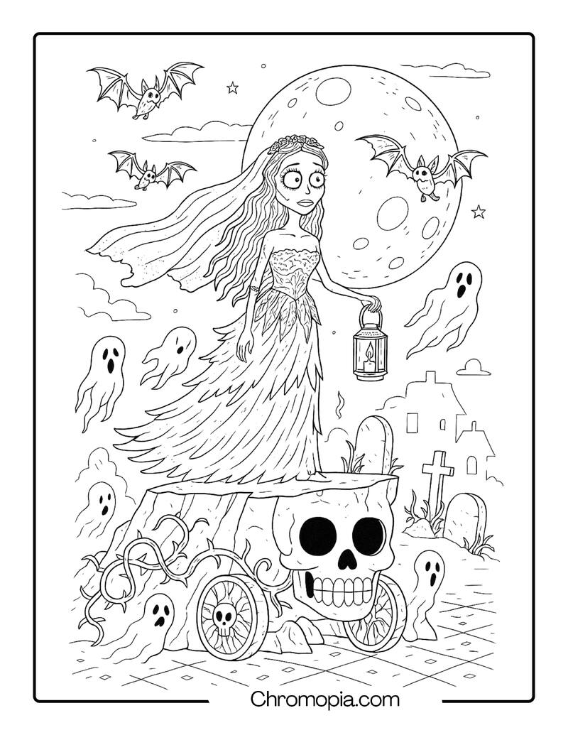 Corpse Bride on a Full Moon Cliff with Zombie Bats and Wailing Spirits – Halloween Corpse Bride coloring page