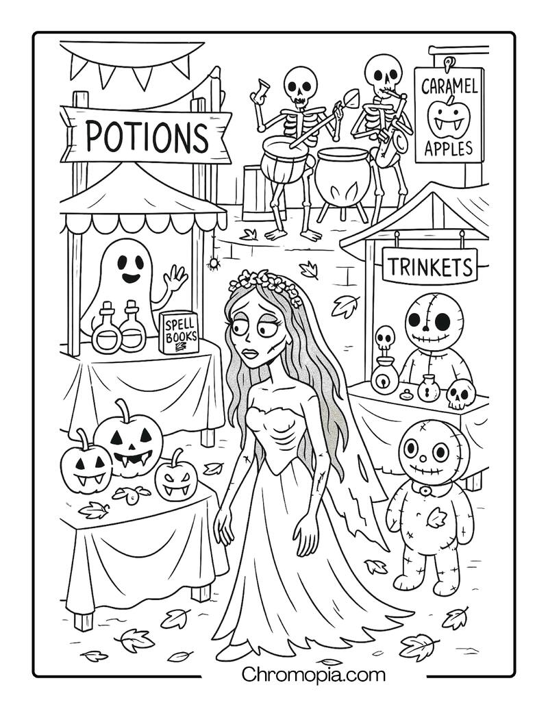 Halloween Street Market in the Land of the Dead – Halloween Corpse Bride coloring page
