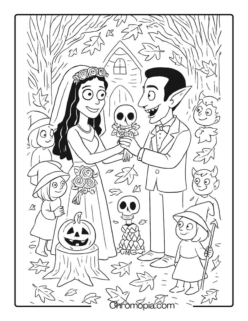 Halloween Wedding of the Corpse Bride and Vampire Groom – Halloween Corpse Bride coloring page