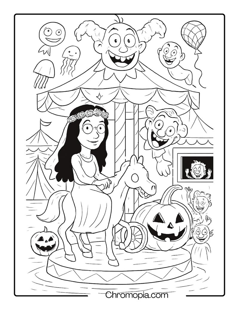 Haunted Carnival Ride with Corpse Bride and Halloween Creatures – Halloween Corpse Bride coloring page