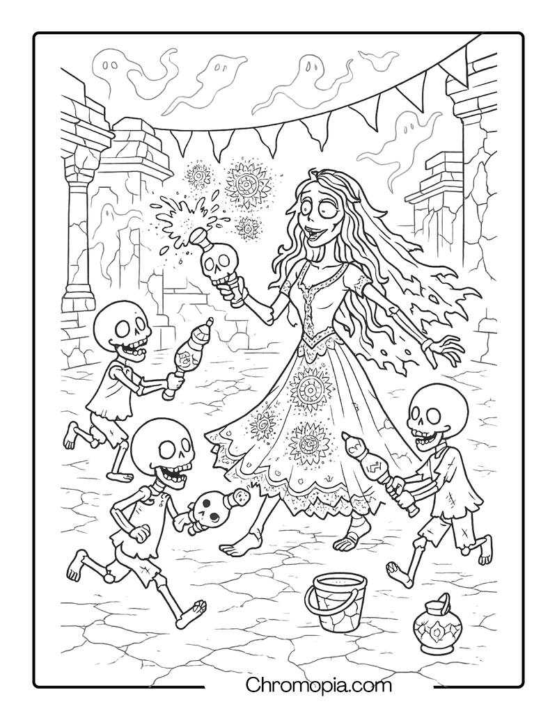 Corpse Bride Celebrating Holi with Zombie Children – Corpse Bride coloring page