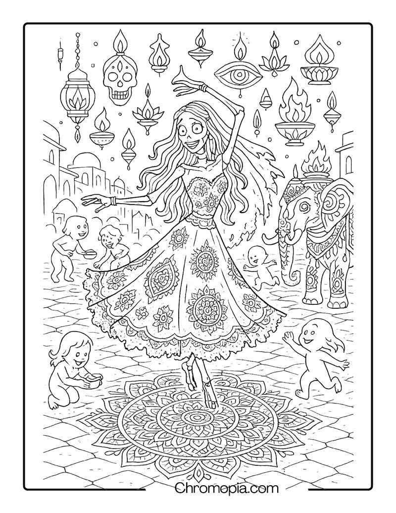 Corpse Bride Dancing in a Diwali of the Dead Festival – Corpse Bride coloring page