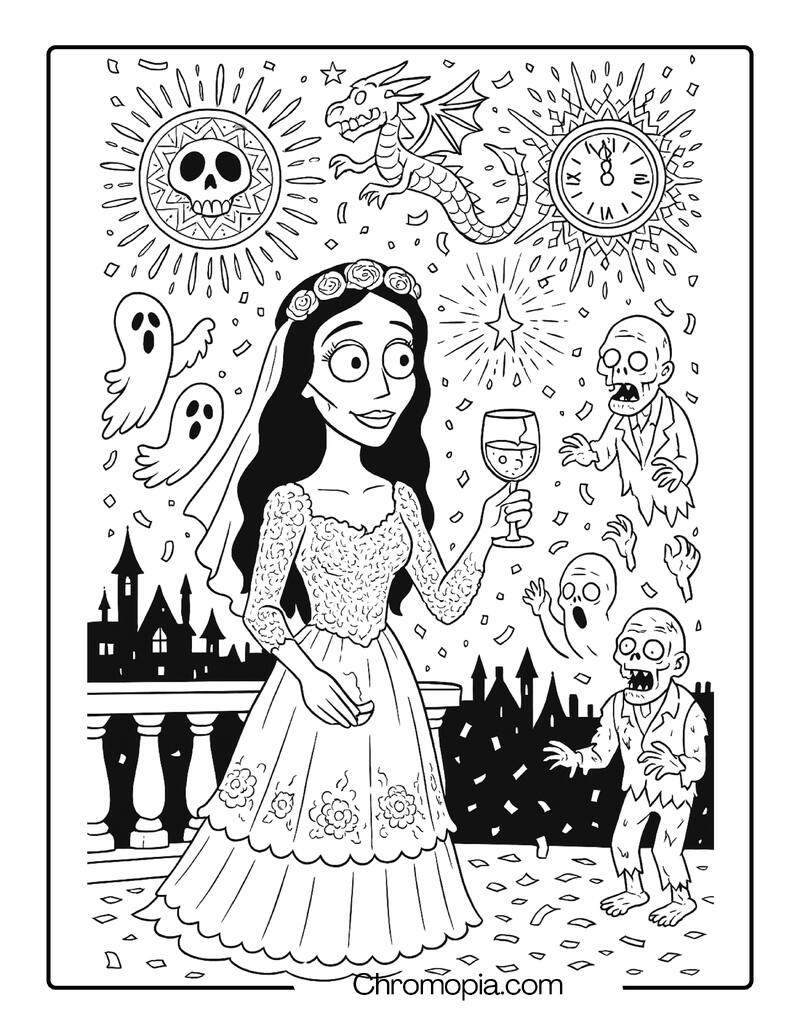 Corpse Bride Under Fireworks at a Haunted New Year’s Eve Party – Corpse Bride coloring page