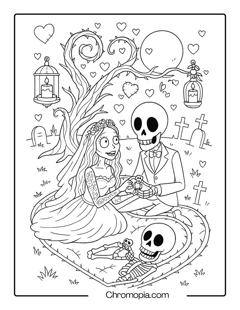 Corpse Bride and Skeleton Groom at a Valentine’s Day Graveyard Picnic – Corpse Bride coloring page