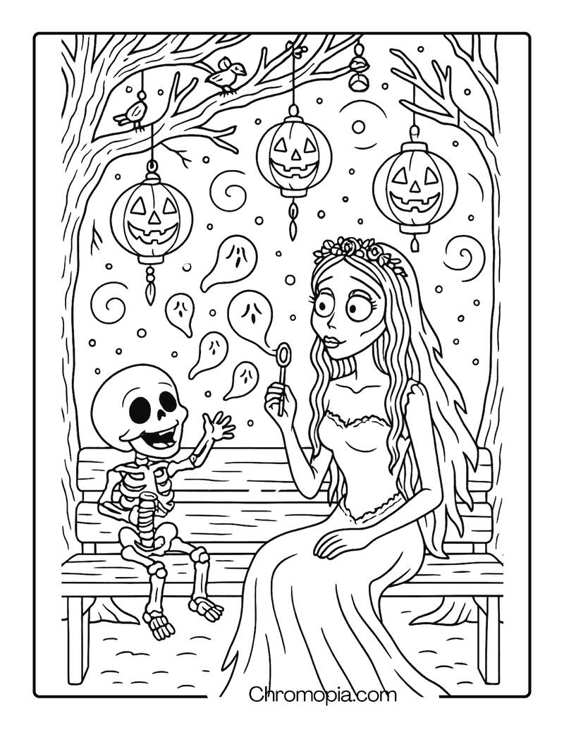 Corpse Bride and a Baby Skeleton Blowing Bubbles at a Halloween Lantern Festival – Corpse Bride coloring page