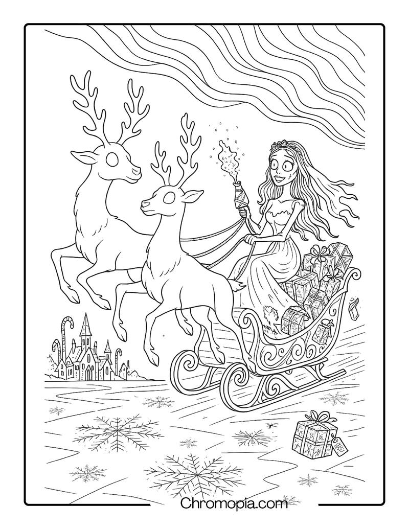 Corpse Bride on a Haunted Sleigh Ride with Ghost Deer – Corpse Bride coloring page