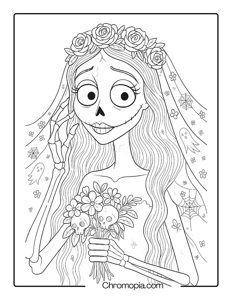 Close-Up of Emily’s Face with Floral Veil – Corpse Bride coloring page