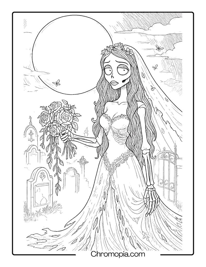 Corpse Bride Beneath the Moon with Wilting Bouquet – Corpse Bride coloring page